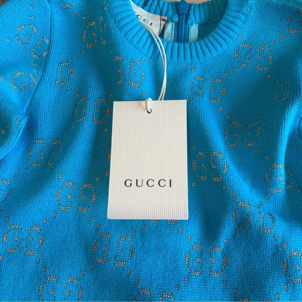 Gucci Double G Long Sleeve All In One One Piece GG Logo Gold Turquoise Onesie